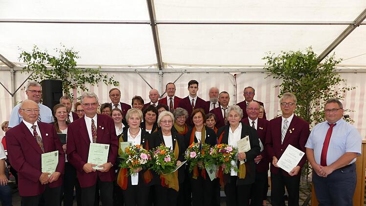 Die Geehrten mit ihrem Chor im Rücken (vorne von links): Heinz Jahn, Berndt Koch, Doris Finzel, Hedwig Absmann, Angelika Toni, Olga Jakelski, Dieter Schwierzke und Michael Dieckmann. Rechts Reinhold Stubrach und hinten links Bürgermeister Helmut Dietz. Dieckmann