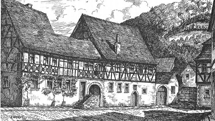 Das ist die "Alte Freyung", wie das Göller-Anwesen auch genannt wird, vor 1920. Es ist eine Zeichnung des früheren Zeiler Bürgermeisters Rudolf Winkler.  Repro/Fotos: Ludwig Leisentritt