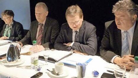 Regierungspr&auml;sidentin Heidrun Piwernitz, Landrat Karl D&ouml;hler aus Wunsiedel, Johannes Keller vom Bayerischen Landkreistag und Landrat Klaus Peter S&ouml;llner aus Kulmbach (von links) stellen die Ergebnisse der Landr&auml;tetagung vor. Foto: Werner Rei&szlig;aus