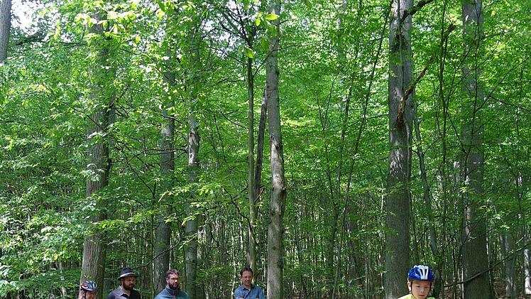 MTB-Trainer Andreas Schubert, Jakob Schlund und Philipp Bausch von den Bayerischen Staatsforsten sowie Realschulleiter Michael Kreil (v.l.n.r.) freuen sich mit den Schülern über den neuen MTB-Trail. Stephanie Elm