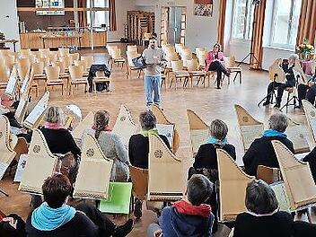 Fast 50 Veeh-Harfen-Spielerinnen und -Spieler aus den Landkreisen Bad Kissingen und Schweinfurt trafen sich in Bad Br&uuml;ckenau, um gemeinsam zu musizieren.
