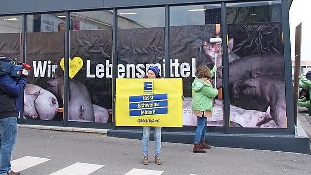 Die Greenpeace-Gruppe Bamberg demonstriert bei Edeka Birger im Laubanger gegen Tierleid und Billigfleisch. Foto: Joseph Beck
