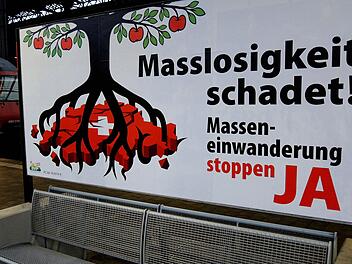 Ein Poster der Schweizerischen Volkspartei (SVP) gegen "Masseneinwanderung" steht auf dem Bahnhof SBB in Basel. In Blick haben die Initiatoren vor allem die Deutschen. Foto: Thomas Burmeister/dpa