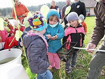 Die Kinder durften beim Umsetzen der Karpfen mithelfen.  Foto: Erlwein