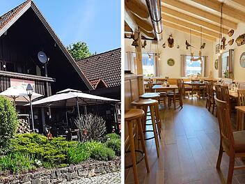 Linkes Bild: Traditionelles Geb&auml;ude mit Terrasse, umgeben von Pflanzen. Rechtes Bild: Gem&uuml;tliche Gastst&auml;tte mit Holzm&ouml;beln und rustikaler Dekoration.