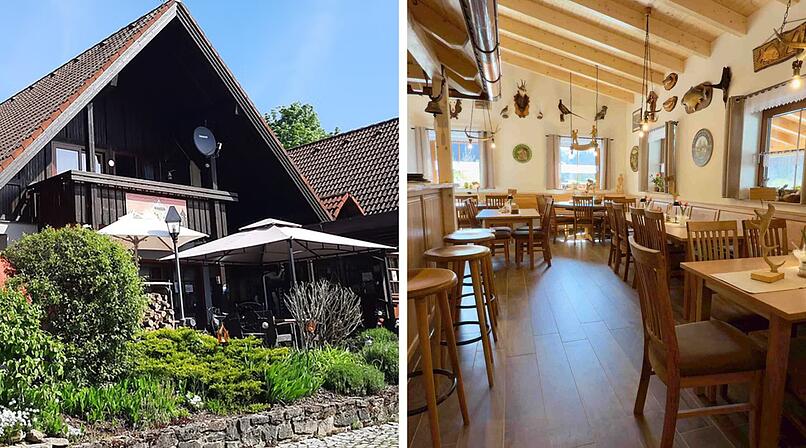 Linkes Bild: Traditionelles Geb&auml;ude mit Terrasse, umgeben von Pflanzen. Rechtes Bild: Gem&uuml;tliche Gastst&auml;tte mit Holzm&ouml;beln und rustikaler Dekoration.