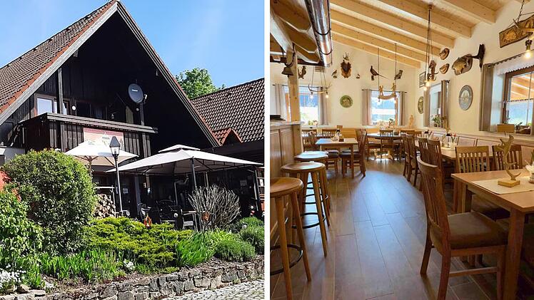 Linkes Bild: Traditionelles Geb&auml;ude mit Terrasse, umgeben von Pflanzen. Rechtes Bild: Gem&uuml;tliche Gastst&auml;tte mit Holzm&ouml;beln und rustikaler Dekoration.
