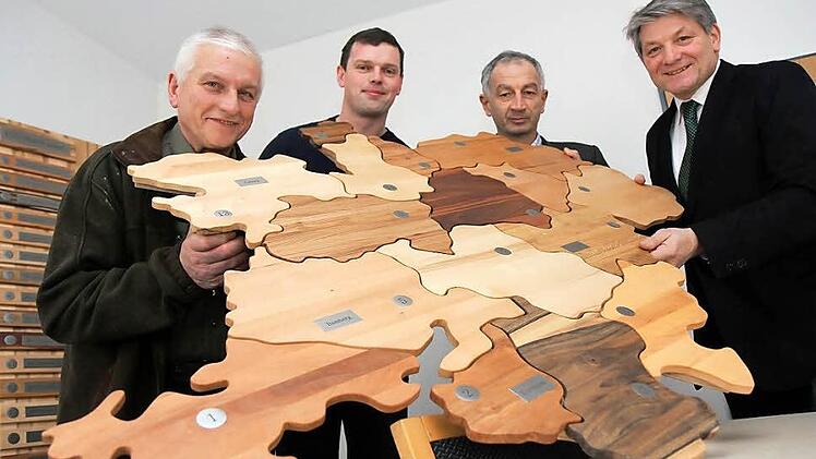 Aus 16 unterschiedlichen Laubholz-Arten für seine 16 Waldbesitzer-Vereinigungen ist Oberfranken zusammengefügt worden. "Gehalten" werden sie im Dachverband Forstwirtschaftliche Vereinigung von Vorsitzendem Heinrich Rudrof, Geschäftsführer Wilhelm Böhmer, Vermarkter Johannes Hölzel und Rudrofs Stellvertreter Georg Neupert (von rechts). Fotos: Michael Gründel
