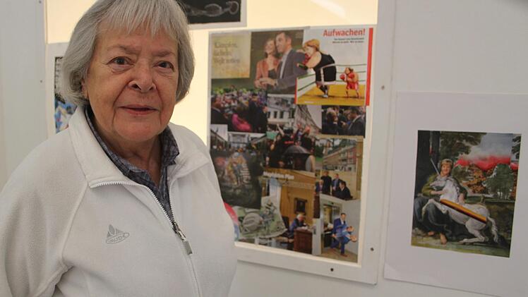 Rose Meerwein gehört mit ihren 85 Jahren zu den älteren Kunstschaffenden, die  beim Symposium auf der Plassenburg dabei sind. Brave und gefällige Kunst liegen der Ex-Kulmbacherin, die  seit 1961 in Berlin lebt, nicht: Sie zeigt politische Collagen. Foto: Sonny Adam