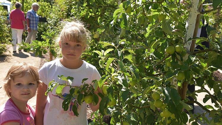 Michelle Geß und Isabel Weigelt streifen durch den Kreislehrgarten und besichtigen des Obst, die Eltern holen sich derweil Tipps.