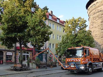 Auf Notfallmaßnahmen im Kampf gegen die Hitzewelle setzt die Stadt Nürnberg zum Schutz der Bäume. Die wenigen Gießfahrzeuge der Stadt fahren Sonderschichten. Sogar die Polizei hilft jetzt mit Wasserwerfern beim Gießen.  Foto: Nikolas Pelke