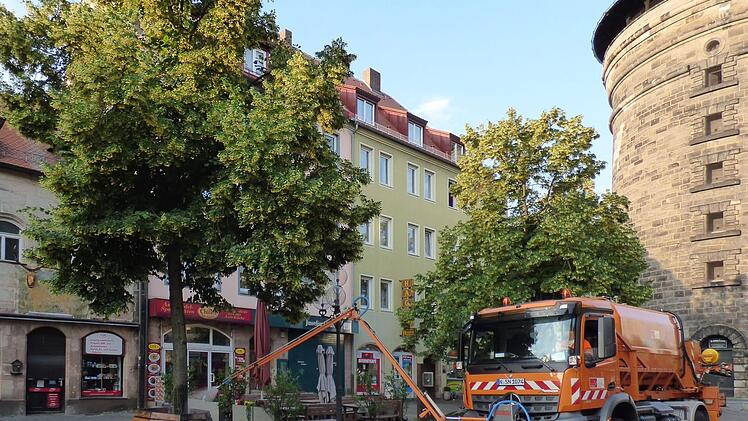 Auf Notfallmaßnahmen im Kampf gegen die Hitzewelle setzt die Stadt Nürnberg zum Schutz der Bäume. Die wenigen Gießfahrzeuge der Stadt fahren Sonderschichten. Sogar die Polizei hilft jetzt mit Wasserwerfern beim Gießen.  Foto: Nikolas Pelke