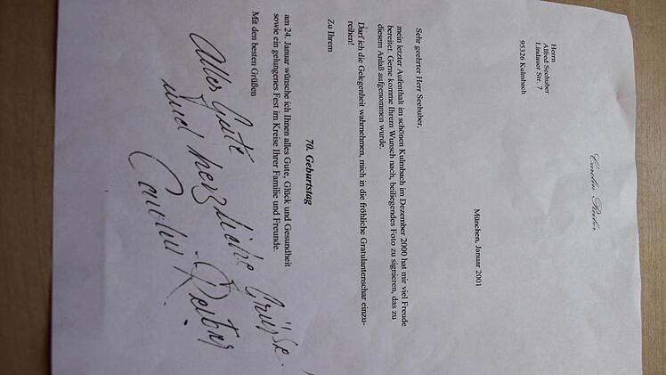 Mit diesem Brief hatte Carolin Reiber Fred Seehuber 2001 zu seinem 70. Geburtstag gratuliert. Foto: Stephan Stöckel.