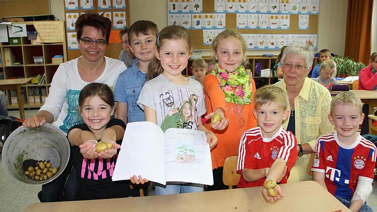Bereits 2011 hat die Grundschule Burkardroth die Jahrgangsmischung in der 1. und 2. Klasse eingeführt. Die Lehrerinnen Christiane Middel (links) und Rosi Schmitt (rechts) machen in manchen Fächern keinen Unterschied zwischen den Klassen: Bei der Zucht von Kartoffeln etwa haben (von links) Elisa, Moritz und Elena aus der 2. Klasse mit Cora, Titian und Maximilian aus der 1. Klasse zusammengearbeitet. Foto: Ralf Ruppert