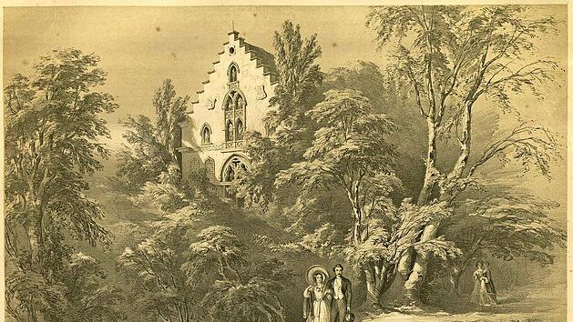 Schloss Rosenau. Aus: Douglas Morison, The ducal palaces and hunting seats of Saxe Coburg and Gotha, ver&ouml;ffentlicht 1846. Ob das P&auml;rchen im Vordergrund Queen Victoria und Prinz Albert darstellen soll? Sie wohnten 1845 hier.