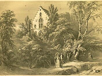 Schloss Rosenau. Aus: Douglas Morison, The ducal palaces and hunting seats of Saxe Coburg and Gotha, ver&ouml;ffentlicht 1846. Ob das P&auml;rchen im Vordergrund Queen Victoria und Prinz Albert darstellen soll? Sie wohnten 1845 hier.