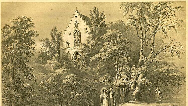 Schloss Rosenau. Aus: Douglas Morison, The ducal palaces and hunting seats of Saxe Coburg and Gotha, ver&ouml;ffentlicht 1846. Ob das P&auml;rchen im Vordergrund Queen Victoria und Prinz Albert darstellen soll? Sie wohnten 1845 hier.