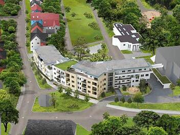 Ein Bild vom geplanten Wohnkomplex auf und neben dem DSZ. Links die Leopoldstraße, rechts hinten der Kunstverein am Hofgarten. Foto: Projekt Bauart WohnInvest GmbH