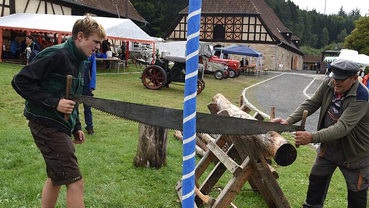 Toni Hübner und sein Opa Adolf Herr sägten das Holz mit Muskelkraft. Foto: Gabi Arnold