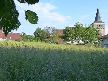Zwischen Kirche, Kindergarten und bestehenden Wohnhäusern wird auf einer Wiese das Neubaugebiet "Nordöstlich der Kirche" entstehen. Neun Familien sollen hier bald bauen.  Foto: Sabine Meißner