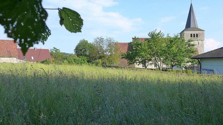 Zwischen Kirche, Kindergarten und bestehenden Wohnhäusern wird auf einer Wiese das Neubaugebiet "Nordöstlich der Kirche" entstehen. Neun Familien sollen hier bald bauen.  Foto: Sabine Meißner