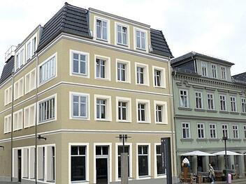 Auf dieser Animation ist die mögliche Korrektur zu sehen: Die graue Sockelfassade ist verschwunden, und die Fenstern wirken mit Hilfe einiger Fenstersprossen kleingliedriger Animation: Werner Weiß