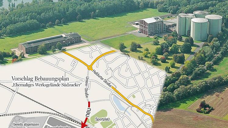 Das Gelände der früheren Zuckerfabrik: Einige Gebäude mit den vier Silos stehen noch. Auf 36 Hektar des übrigen Areals sollen ein Gewerbe- und ein Industriegebiet geplant werden. Den Vorentwurf billigte der Stadtrat. Wichtiger Bestandteil ist eine neue Straße, die wie unsere Karte zeigt, von der Unteren Straße über die Bahnlinie durch das vorgesehene Gewerbe- und Industriegebiet zur Umgehung führt.   Foto/Karte: Archiv/Stadt Zeil