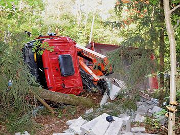 Der Lkw war von der Straße abgekommen, riss einen Baum um und kippte auf die Seite. Fotos: Peter Rauch