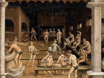 Ganz schön heiß her ging es, wenn man das so salopp sagen darf, in einer Badstube des frühen 16. Jahrhunderts (Hans Wertinger, Malerei auf Erlenholz, Detail aus einer Tafel, Landshut um 1516/1525)  Foto: Gm2300 © Germanisches Nationalmuseum, Monika Runge