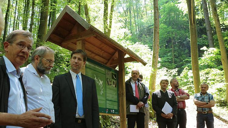 Sie präsentierten den Kompromiss zur Nutzung der Schönsteinhöhle (vorne von links): Herbert Rebhan (Obere Naturschutzbehörde), Reinhold Göller (Untere Naturschutzbehörde) und Landrat Hermann Ulm (CSU), Foto: Barbara Herbst