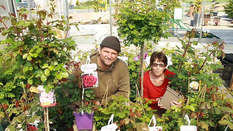 Fototermin mitten in den Rosen: Chef Tim Kröner mit seiner Mitarbeiterin Hiltrud Reinhart, die er scherzhaft "Rosenkönigin" nennt. Foto: Susanne Will