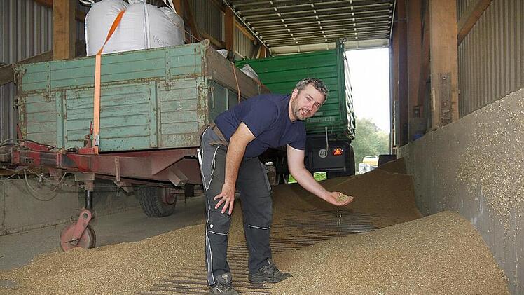 Das Lager ist voll: Der Thanner Landwirt Dirk Eichhorn ist mit den Ernteerträgen 2014 ganz zufrieden. Foto: Berthold Köhler