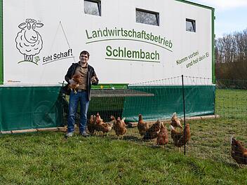 Im mobilen Hühnerstall von Andreas Schlembach fühlt sich das Federvieh sichtlich wohl. Foto: Björn Hein