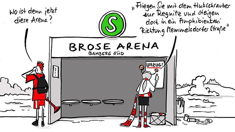 Auch unsere Karikaturistin Christiane Pfohlmann hat sich über die Zukunft des Bamberger Basketballs ihre Gedanken gemacht - und darin  das   Versprechen      von Minister Joachim Herrmann  für   einen S-Bahn-Halt im Süden der Stadt    einbezogen. Außerdem ein Thema: Michael Stoscheks Vorliebe für sein historisches Amphibienfahrzeug, mit dem er traditionell auf der Regnitz zur Sandkerwa schippert.