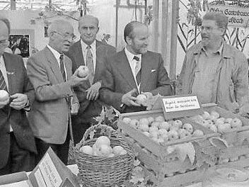 Kurt Hiebel, Ferdl Betzer, Otto Kiesel, Karl Beudert und Hubert Mai 1993 bei der Kreis-Erntedankausstellung in Münnerstadt. Foto: Archiv/ Paul Ziegler