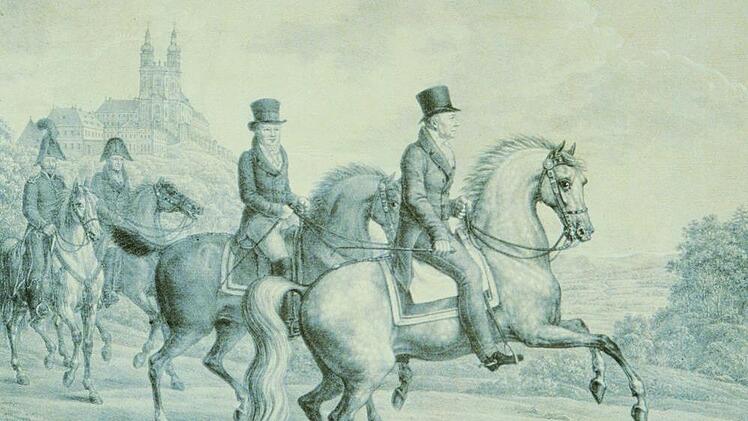 Herzog Wilhelm in Bayern (rechts) mit Begleitung vor seinem Schloss Banz um 1815/20 Repro: Staatsbibliothek Bamberg