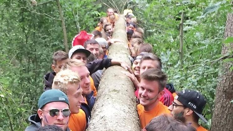 Die Kerwas-Burschen trugen den 25 Meter langen Kirchweihbaum aus dem Wald  Foto: Christian Kager