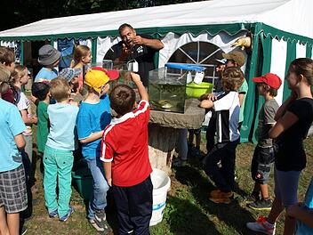 Vor dem Angeln Theorie und Fischkunde. In einigen Glasbehältern hielt Wolfgang Niemitz manche Überraschung parat. Vorsicht, der Krebs zwickt! Das bekamen manche Kinder zu spüren. Fotos: wo