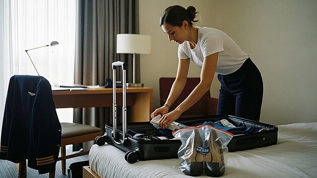 Eine Flugbegleiterin packt in einem Hotelzimmer ihren Koffer. Im Koffer sind ein paar Schuhe in einem durchsichtigen Plastikbeutel.