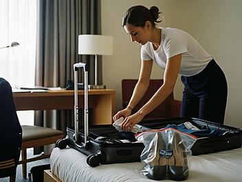 Eine Flugbegleiterin packt in einem Hotelzimmer ihren Koffer. Im Koffer sind ein paar Schuhe in einem durchsichtigen Plastikbeutel.