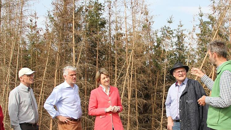 Katastrophale Waldschäden beunruhigen (von links): Birgitt Ulrich, Landrat Wilhelm Schneider, Steffen Vogel, Anja Weisgerber, Wolfgang Borst und Stephan Thierfelder. Foto: Dunja Neupert