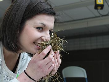 Alina Pfeuffer schnuppert - und weiß sofort, dass es sich bei diesem Gemisch um Grassilage handelt. Fotos: Martin Kreklau