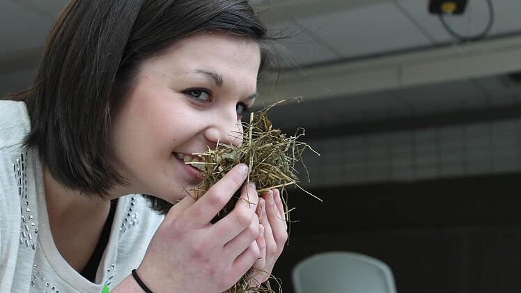 Alina Pfeuffer schnuppert - und weiß sofort, dass es sich bei diesem Gemisch um Grassilage handelt. Fotos: Martin Kreklau