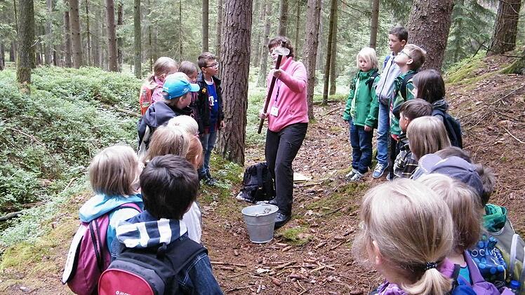 Geopark-Rangerin Isabelle Stickling erklärte den Kindern am Hutschdorfer Tonstollen, wie einst der Rohstoff Ton gefördert wurde.