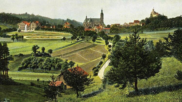 Gößweinstein auf einer Postkarte von 1906 mit dem "Kurhaus" und Parkanlagen (oben links) Repro: Reinhard Löwisch