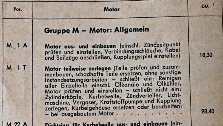 Arbeitspreise für Instandsetzungen damals...Repro: Helmut Will