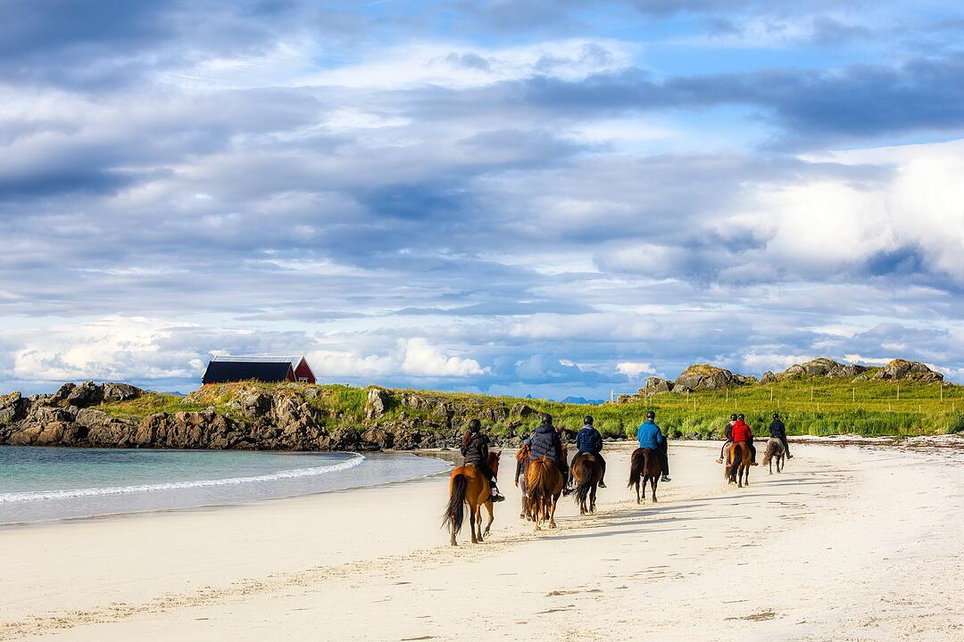 Reiten am wunderschönen Strand von Hovsvika auf Gimsoya auf den Lofoten, Norwegen   Horse Riding on the Beautiful Beach of Hovsvika on Gimsoya in Lofoten, Norway