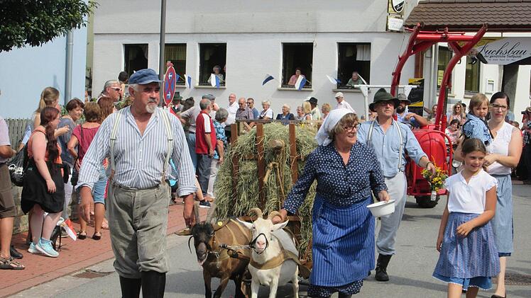 Auch ein Ziegenpaar musste als Zugtiere für einen beladenen Handwagen herhalten. Foto: Winfried Ehling