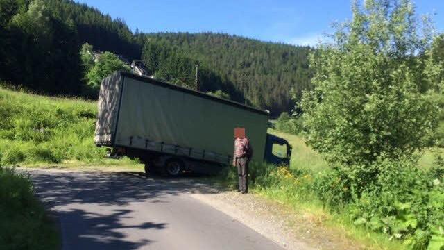 Der Laster steckte in der Wiese fest.  Foto: Auto-Reier