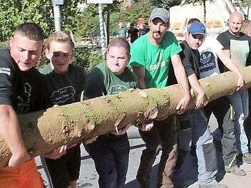 Mit vereinten Kr&auml;ften hoben die Ortsburschen den Baum vom Anh&auml;nger. Fotos: Britta Schnake